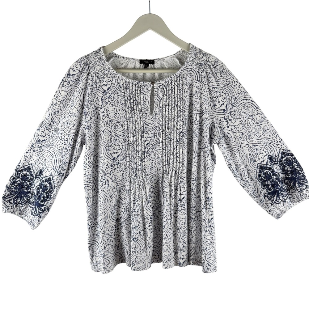 Talbots Petites Blue White Paisley Embroidered 3/4 Sleeve Blouse Sz M/P Boho